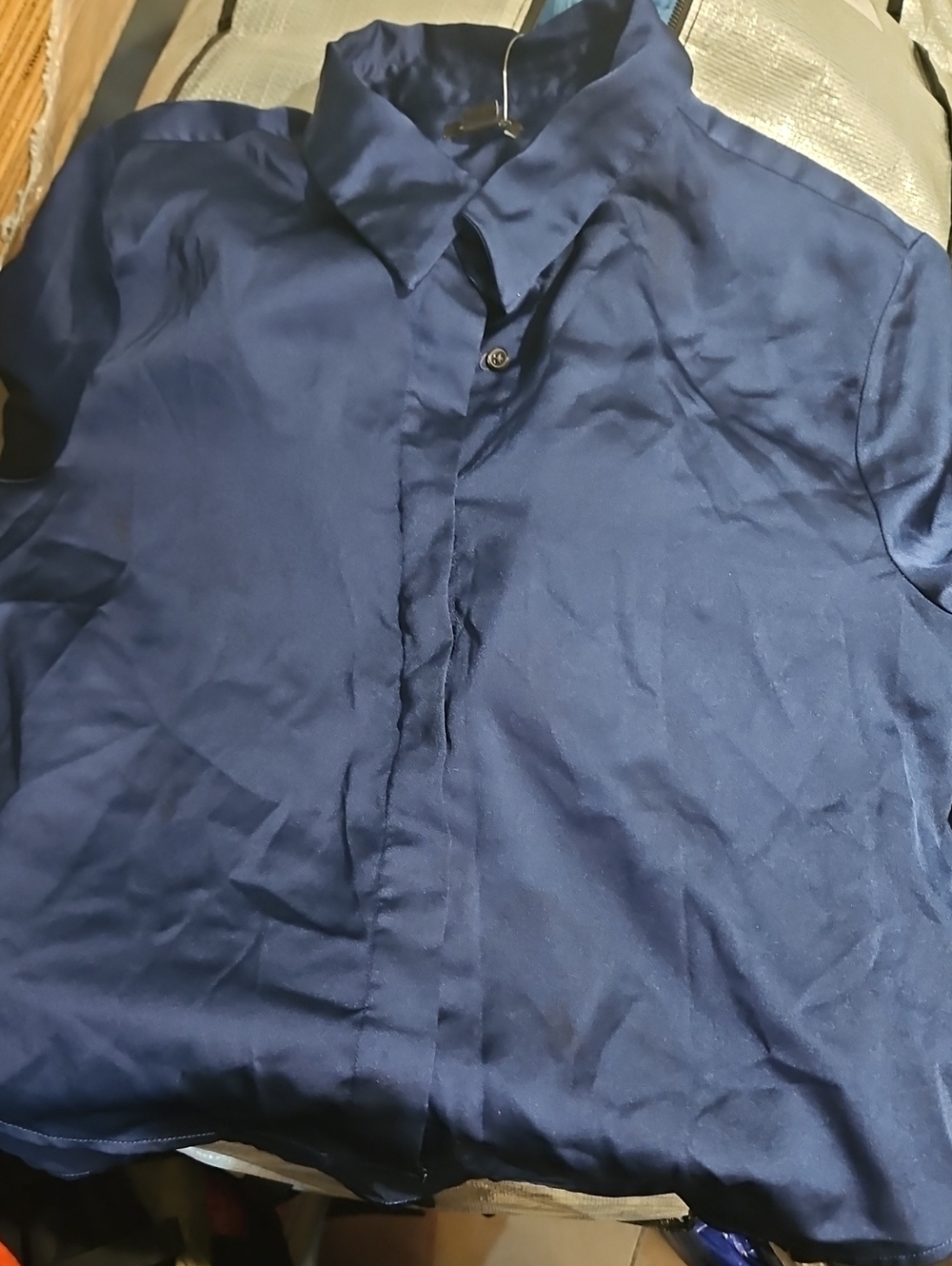 Ann Taylor Satin Like Dress Work Navy Blue Button-Down Concealed Button Shirt